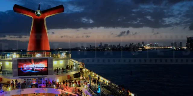 Carnival Liberty top entertainment deck at sunset near Miami, FL