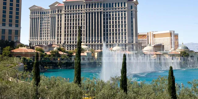 view of the large fountains near Bellagio hotel and casino
