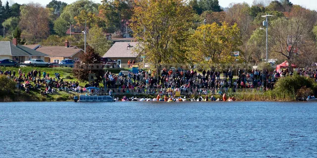 pumpkin boats lined up at the start of the race in Windsor, Nova Scotia