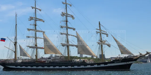 tall ship Barque Kruzenstern sailing by Georges Island in Halifax