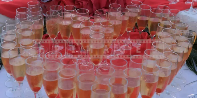 Champagne glasses arranged in the shape of heart for Valentines day