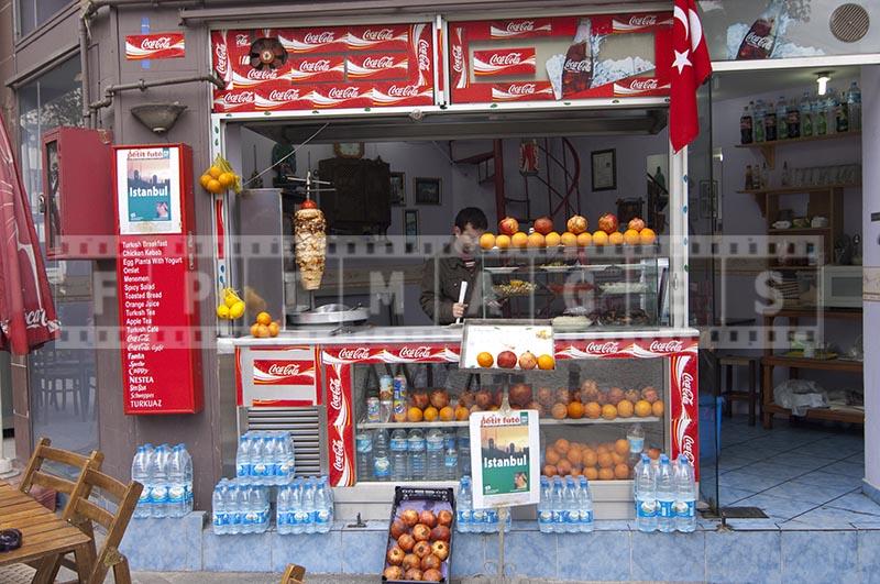 istanbul cafe serving fresh orange juice, kebab, rice