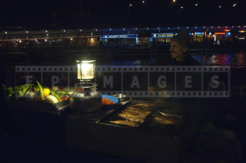Street vendor of grilled fish mackrel, Istanbul, Turkey