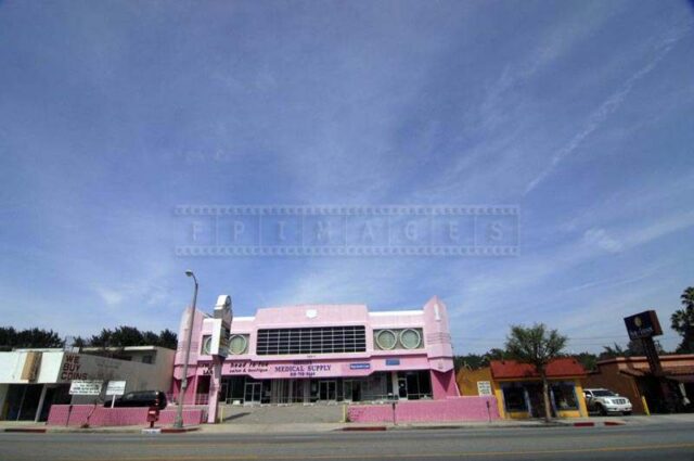 View of the pink building accross the street
