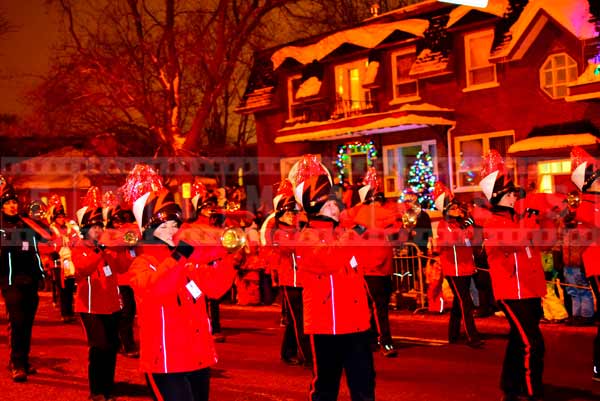 Marching band playing brass instruments in very cold weather