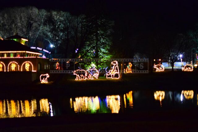 Christmas lights reflections in the pond