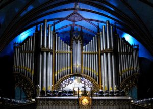Pipes of the organ and blue ceiling