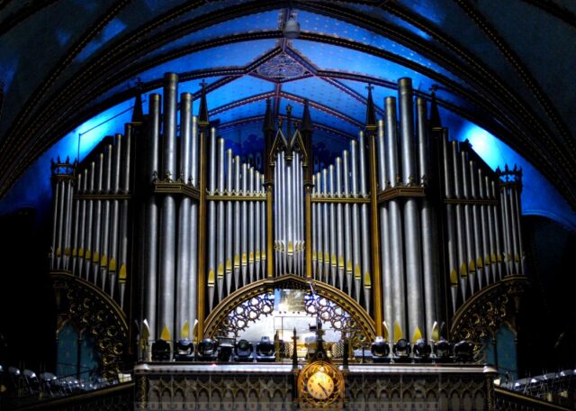 Pipes of the organ and blue ceiling