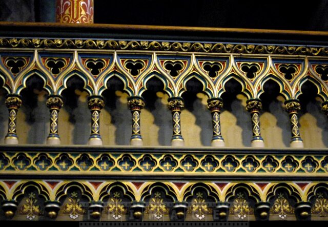 Blue and golden decorations with red accents