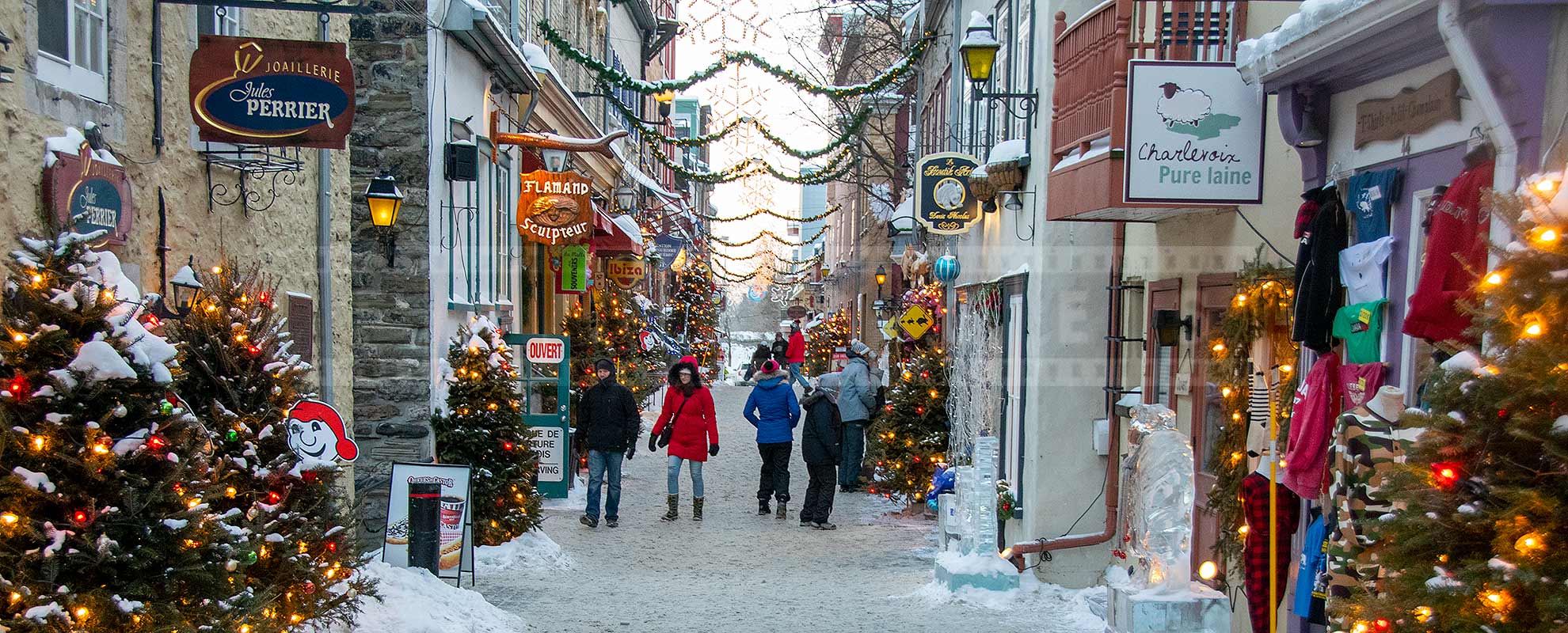 Pretty winter street in old Quebec city
