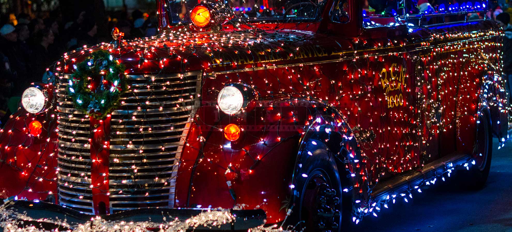 Amazing Christmas decorations of a fire truck at the parade