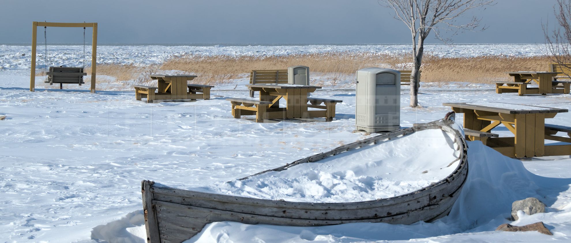 Scenic winter landscape at La Pocatiere, route des navigateurs, Quebec, Canada