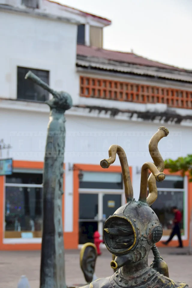 Close-up view of the diver sculpture